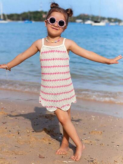 1pc Girls Toddler Pink & Beige Patchwork Elastic Quick-Dry Comfortable Knit Coverup, Suitable For Beach, Pool, Seaside, Surfing, Vacation, Summer, Travel, Holiday