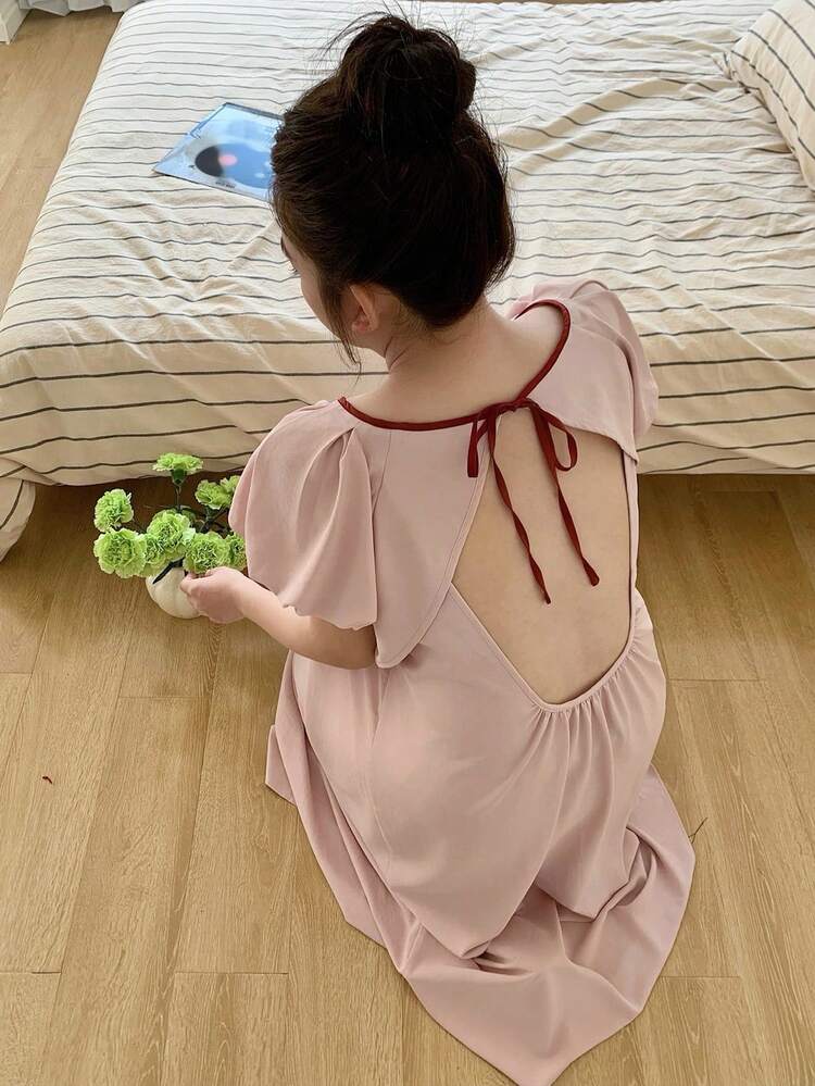 Dazy Plus Loose Backless Tie Casual Cute Long Nightgown, Pink, Spring/Summer