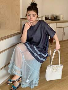 Dazy Plus Plus Size Blue Casual Loose Straight Mesh Patchwork Short Sleeve Round Neck Dress For Girls Sundress - Navy Blue - View 4