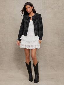 WESTFADE Polka Dot Print Oversized Ruffle Peter Pan Collar Button Front Long Sleeve Cotton Blend Denim Jacket - Grey - View 3