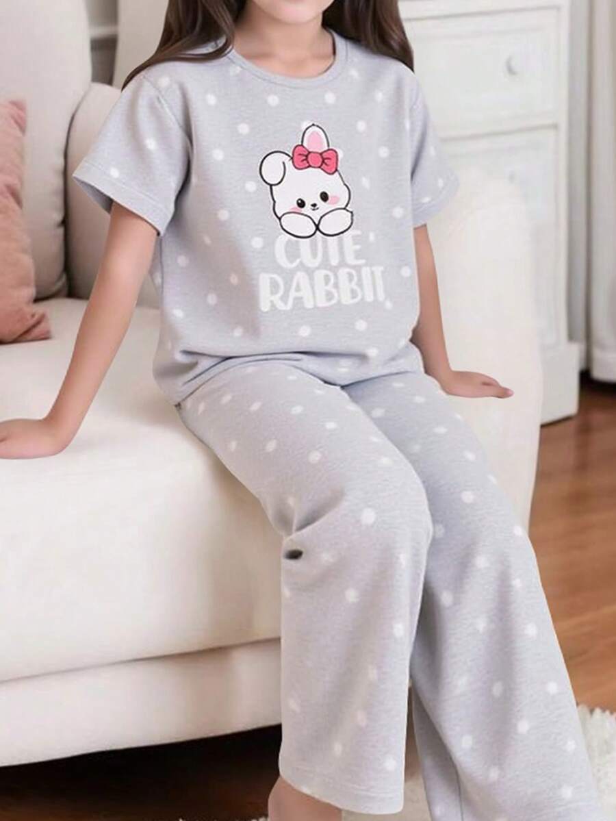 Genkimix Kids 女童可爱波尔卡圆点兔子印花短袖宽松裤两件套睡衣套装,休闲舒适 - 淺灰色 - 查看 1