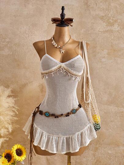 Bellisia 2026 New Women's Swimwear ArrivalFor School,Suitable For Holiday, Date, Afternoon Tea, Western, Cruise, Beach, Island, Road Trip, All Seasons, Music Festival, Boho Vacation,Bohemian Vacation, Chill Autumn ,Western Boho ,Elegant Tops For Women Jacquard Textured Fabric Shell & Starfish Decor Beach Cover-Up For Women