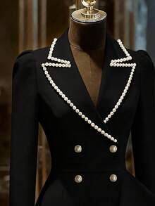 Franclia 女士优雅仿珍珠串珠下摆不对称中长连衣裙 - 黑色 - 查看 3