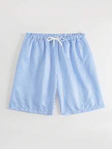 SHEIN 1件青少年男童简约条纹梭织面料短裤，款式简洁，连体泳衣，时尚设计，适合海滩、游泳、度假、夏季穿着。男士泳裤，条纹泳裤，抽绳泳裤，条纹泳装，男士条纹泳裤，蓝白条纹泳裤，带内衬泳裤，抽绳泳裤，条纹泳裤，条纹短裤，男士泳装 - 藍白色 - 查看 5