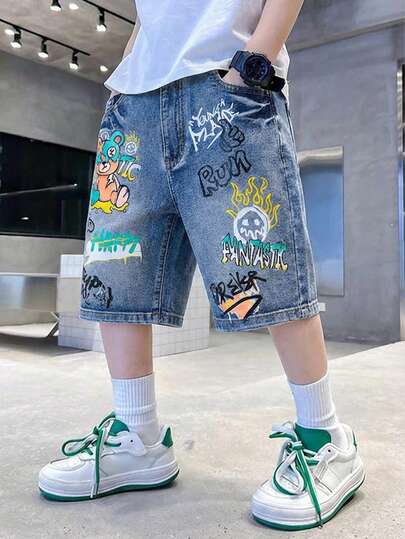 Coolqubz Tween Boy Denim Bermuda Shorts, Mid-Wash Blue Denim Fabric With Stretch, Graffiti Print Patchwork Decoration, Suitable For Street Fashion Style, Ideal For Spring/Summer Casual Wear, Daily Outings, Gatherings, School & Leisure Streetwear Teens Boys Shorts Big Boy Summer Set Jean Shorts Baseball Drip Boys Shorts Baggy Jean Shorts Boys