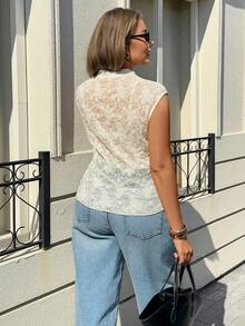 Lounesse Áo thun nữ cỡ lớn tay ngắn dáng rộng, chất liệu ren, màu mơ. - Màu be - Xem 2