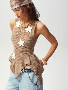 Bohemela Casual Asymmetric Hem Sleeveless Starfish Decor Knit Top, Summer - Khaki - View 3