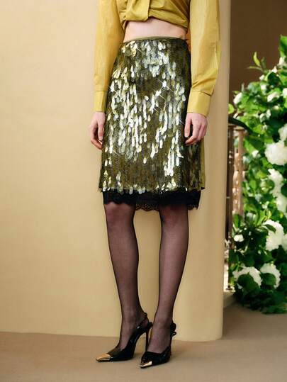 Arave Women's Sequined Midi Skirt In Solid Color Fabric, Regular Waist, A-Line Silhouette, And Lace Detailing. A Modern Party-Style Skirt With Lace Detailing Vacation Outfits Women Spring Clothing Green Skirt Party Wedding Party Skirt