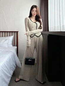 DAZY Bộ đồ nữ kiểu Hàn Quốc thoải mái, gồm áo dài tay và quần ống rộng. - Màu be - Xem 6