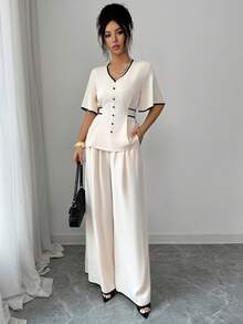 Elenzga Bộ đồ nữ mùa xuân/hè mới màu mơ và đen gồm áo sơ mi cổ chữ V tay phồng thắt nơ cài nút và quần dài ống rộng cạp cao có chun, túi, đa năng, thoải mái, thanh lịch và thời trang cho trang phục hàng ngày. - Màu be - Xem 5