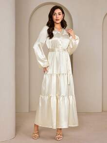 Modelyn Elegant V-Neck Apricot Long Dress, High-Quality Slimming Design Modest Long Dress Silky Dress Satin Long Dress French Style Dress Modest Dress - Apricot - View 3