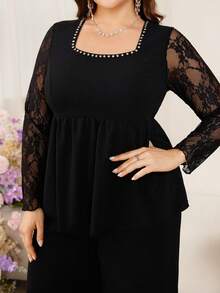 Modelyn Women's Black Knit Long Sleeve Lace Fabric Square Neck Pleated Rhinestone Embellished Elegant Top And Black Straight Leg Pants 2-Piece Set - Black - View 4