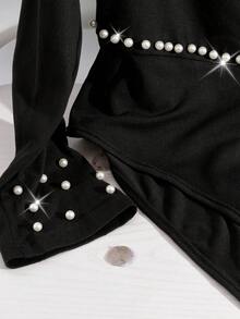 SHEIN Elenzya Mono de manga larga con hombros descubiertos, elegante, ajustado, con perlas en la cintura, sexy y maduro, mono negro para mujer de talla grande - Negro - Ver 4