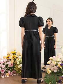 SHEIN Tween Girl French Elegant Lapel Bubble Sleeve Pleated Jumpsuit, Solid Color Woven Jumpsuit With PU Belt, Casual & Commute, Spring/Summer - Black - View 3