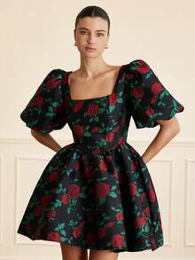 BELROSIE Schwarz & Rot Kontrast Farbe Rose Jacquard Stoff Quadratischer Kragen Puffärmel Kurzes Kleid, eleganter französischer Retro-romantischer Stil für Frauen - Verschiedenfarbig - Übersicht 1