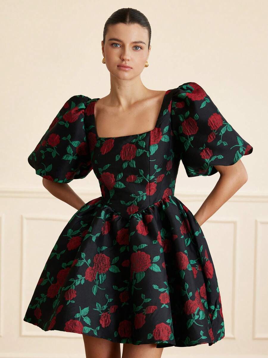 BELROSIE Schwarz & Rot Kontrast Farbe Rose Jacquard Stoff Quadratischer Kragen Puffärmel Kurzes Kleid, eleganter französischer Retro-romantischer Stil für Frauen - Verschiedenfarbig - Übersicht 1