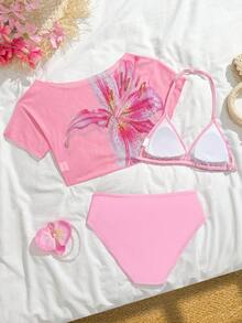 SHEIN 3pcs/Set Preteen Girls Lily Flower Printed Tankini Swimsuit - Multicolor - View 2