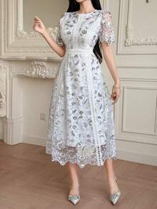 DAZY Elegant Lace Trim Short Sleeve Dress, Youthful And Refined Mini Dress - Silver - View 2