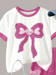 2pcs/Set Denim Pink, Vintage Patchwork Bow Decor Casual Loose Round Neck Short Sleeve T-Shirt And Shorts Set, Suitable For Teen Girls Daily, Home, Vacation, Campus, Holiday, Spring & Summer - Multicolor - View 3