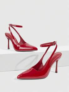 CUCCOO SZL Pointed Toe Stiletto High Heel Black Glossy Fabric Fashion Versatile Sexy Party Ankle Strap Women's High Heel Pumps, Women's Backless Pumps For Christmas - Mirror Crimson 159 - View 2