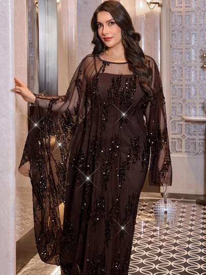 Modelyn Plus Size Women Elegant Luxurious Asymmetrical Sleeve Mesh Pleated Beaded Embroidered Sparkly Banquet Comfortable 2-Piece Jacket Set