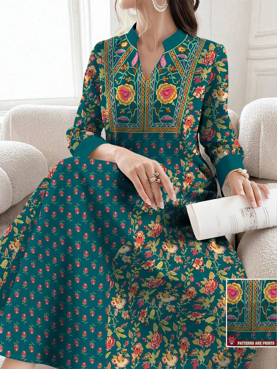 SHEIN Najma 女士花卉植物印花V领长袖优雅阿拉伯风格连衣裙，春秋季 - 彩色 - 查看 1