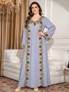 SHEIN Najma Đầm maxi dài tay cổ chữ V thanh lịch kiểu Ả Rập dành cho nữ cỡ lớn, họa tiết kim cương giả thêu, thích hợp cho mùa xuân/hè. - Nhiều màu - Xem 7