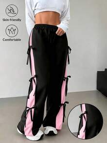 SHEIN EZwear 加大码黑色蝴蝶结松紧腰撞色直筒休闲运动裤，秋冬季 - 黑色 - 查看 1