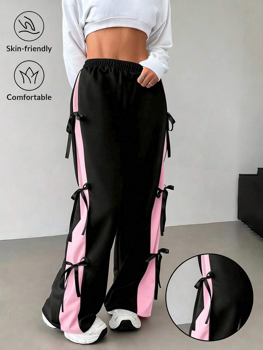 SHEIN EZwear 加大码黑色蝴蝶结松紧腰撞色直筒休闲运动裤,秋冬季 - 黑色 - 查看 1