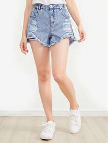 Short en jean pour adolescentes, nouvelle arrivée d'été, style Y2K, short en jean d'été pour petites filles, nouveau produit, lavage vintage délavé et déchiré, polyvalent à la mode, coupe assortie, tissu en jean confortable, convient pour les festivals de musique, les vacances d'été, les sorties, les fêtes - Jean clair - Voir 9