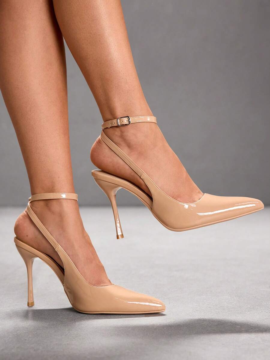 CUCCOO SZL Pointed Toe Stiletto High Heel Black Glossy Fabric Fashion Versatile Sexy Party Ankle Strap Women's High Heel Pumps, Women's Backless Pumps For Christmas Valentine's Day - Mirror deep apricot 95 - View 1