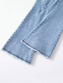 SHEIN Girls' High Waist Retro Washed Blue Flared Jeans, Children Elastic Slim Fit Ripped Distressed Casual Everyday Versatile Denim Flare Pants - Light Wash - View 9