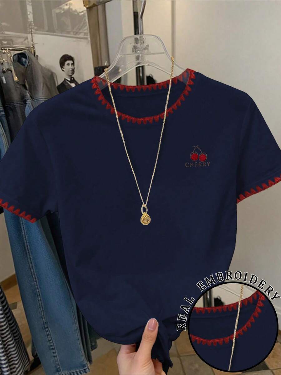 Resyla Women's Contrast Trim Cherry Print Round Neck Short Sleeve T-Shirt - Navy Blue - View 1
