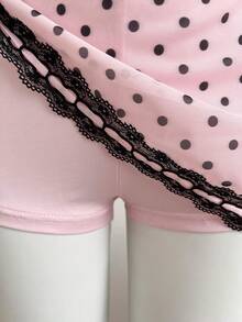 Elamini 女士粉色波点网纱印花撞色缎带蝴蝶结装饰衬里打底裤荷叶边迷你裙，甜美优雅，适合春夏、浪漫、约会、度假、海滩、休闲等场合，百搭实用 - 粉色 - 查看 6