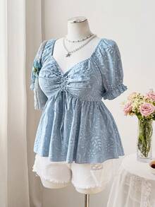 Flirla Plus Size Diamond Collar Puff Sleeve Faux Embroidery A-Line Drawstring Ruched Hem Short Sleeve Blouse - Baby Blue - View 4