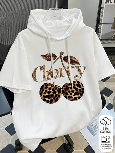 Resyla Women's Hooded Short-Sleeved T-Shirt T-Shirt With Leopard Cherry Graphic Print Casual Streetwear Loose Short Sleeve Top Travel White Summer