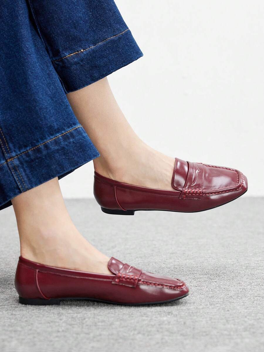 CUCCOO BIZCHIC Korean Style Flat Mule Slippers For Women, Square Toe Slip-On Backless Casual Sandals, Versatile For Spring & Summer Valentine's Day - Burgundy - View 1