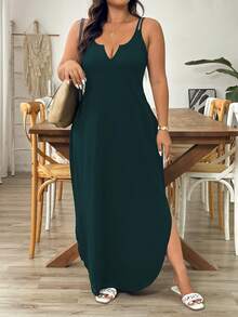 SHEIN Tall Đầm dài dáng rộng không tay cổ chữ V, thanh lịch, phù hợp cho cả đi làm và dự tiệc, chất liệu thoải mái, đa năng, màu đen, cỡ lớn và cao. - Màu xanh lá cây đậm - Xem 6