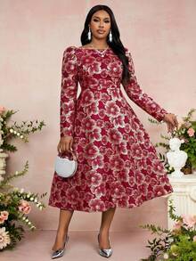 Fleurora Váy midi dài tay jacquard thanh lịch cỡ lớn dành cho nữ, thích hợp cho các bữa tiệc và chuyến đi chơi, mùa thu/đông - Nhiều màu - Xem 6