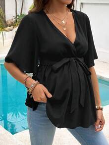 SHEIN V-Neck Blouse With Ruffle Trim And Waistband, Maternity Top