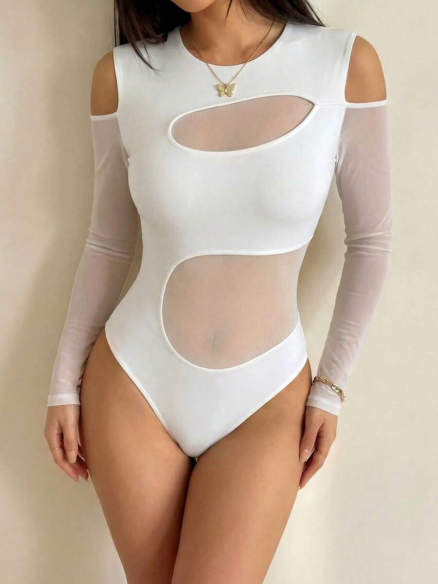 VaVaBold 女式纯色露肩长袖网眼拼布白色紧身衣，性感秋季女装 - 白色 - 查看 1