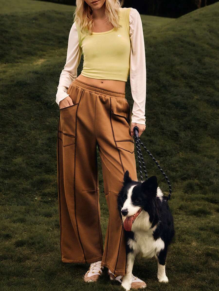 Medorelle 女士休闲百搭阔腿裤，撞色缝线设计 - 咖啡棕 - 查看 1