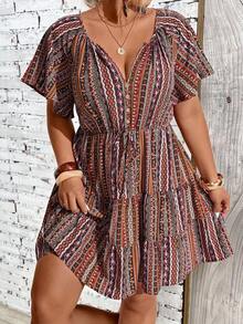 Breezaya Plus Size Short Bohemian Pattern V-Neck Layered Ruffle Hem Mini Dress Bohemian Dress Women Casual Dress Summer Minidress Boho Summer Dress Short Sleeve Dress - Multicolor - View 3