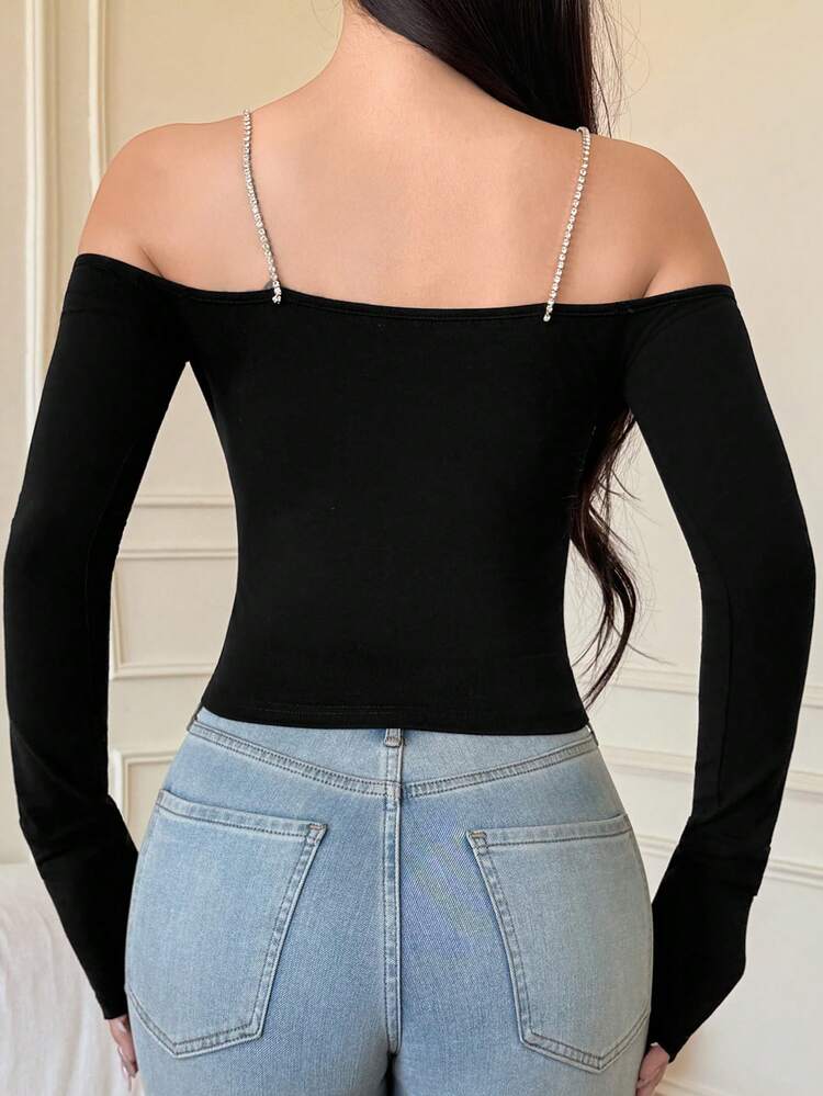 Women's Off-Shoulder Black T-Shirt With Rhinestone Decor, Slim Fit, Casual Urban Style, Suitable For Spring/Summer, Valentine's Day