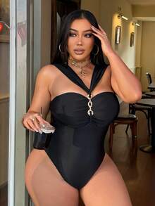 Swim SXY 大码女式纯色金属亮片优雅性感连体泳衣 - 黑色 - 查看 5