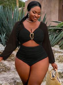 Slaydiva 2pcs Plus Size Women's Neon Orange Long Sleeve Hollow-Out Metallic Embellished One-Piece Swimwear For Daily Wear, Summer Beach Holiday - Black - View 4