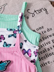 SHEIN 3件套女婴夏季休闲纯色罗纹连体衣，蝴蝶印花，3D蝴蝶结装饰，无袖 - 彩色 - 查看 3