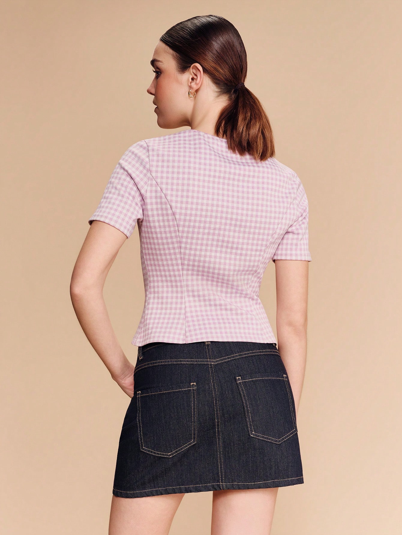 Lilac Gingham Short Sleeve Button-Front Top Cute Vintage Spring Summer Style French Style Parisian Style Business Casual