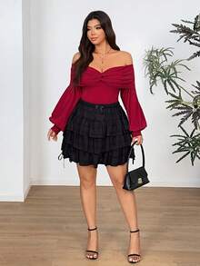 Vionelle Sexy Minimalist Pleated Waist Off Shoulder Plus Size Cropped Blouse - Burgundy - View 4