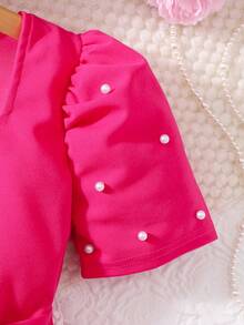 1pc Girls Sweet Princess Style Square Neck Puff Sleeve Dress + Bow Waist Belt Flared Skirt Dress Set, Suitable For Dates And Gatherings In Summer - Hot Pink - View 6